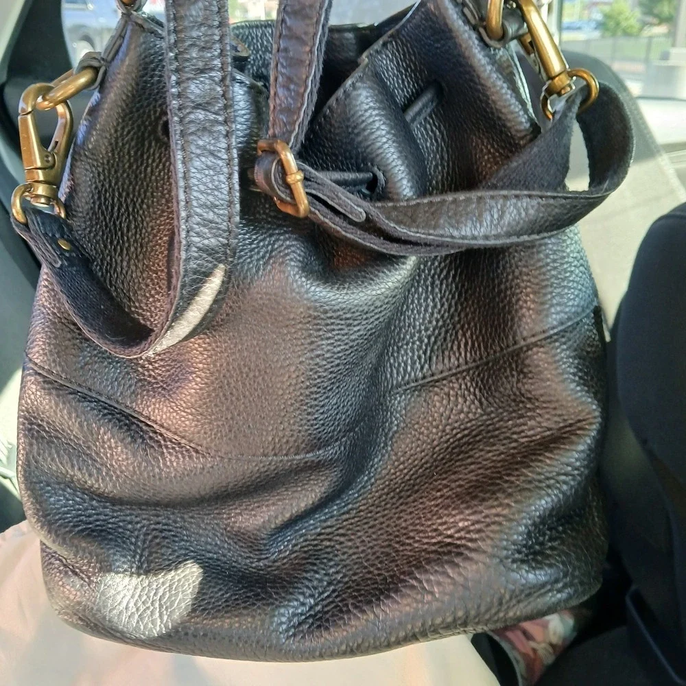 Fossil Vickery Drawstring Black Pebble Leather Bucket Satchel Crossbody Bag Boho